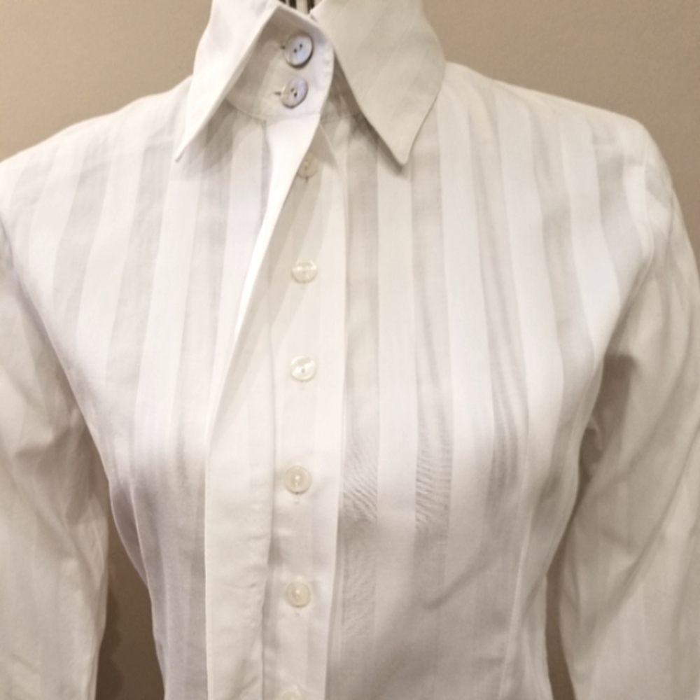 Anne Fontaine Classic White Alternating White Stripe Hidden Button Down Shirt - Picture 6 of 14